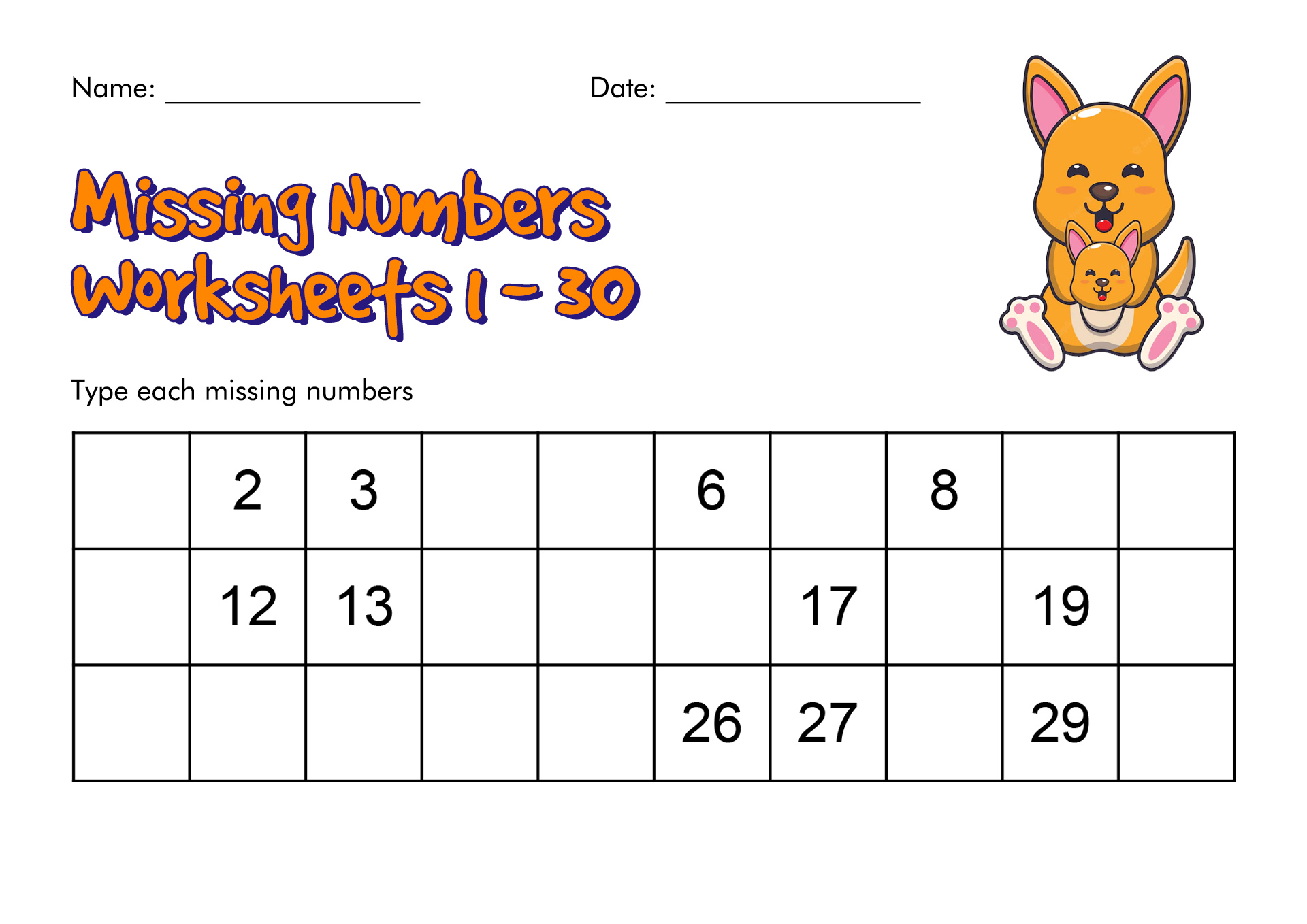 Printable Missing Numbers Worksheets 1 30