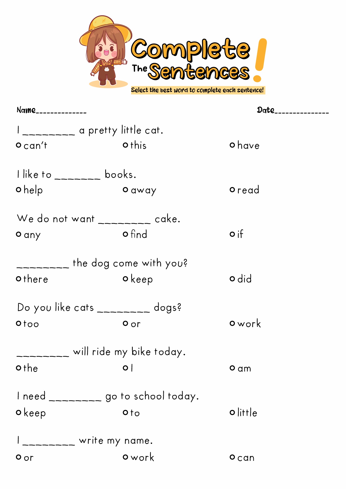 Simple Sentences with Sight Words Worksheets