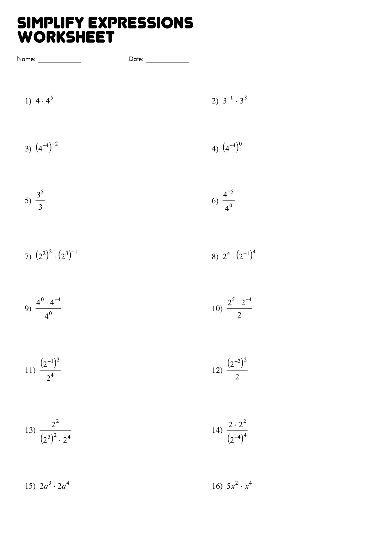 Simplify Expressions Worksheet Image