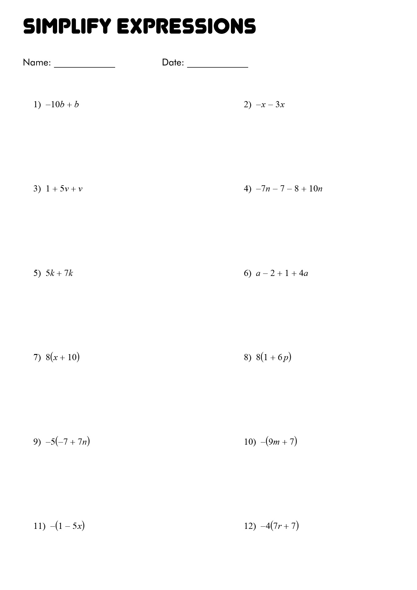 Simplifying Algebraic Expressions Worksheet Image