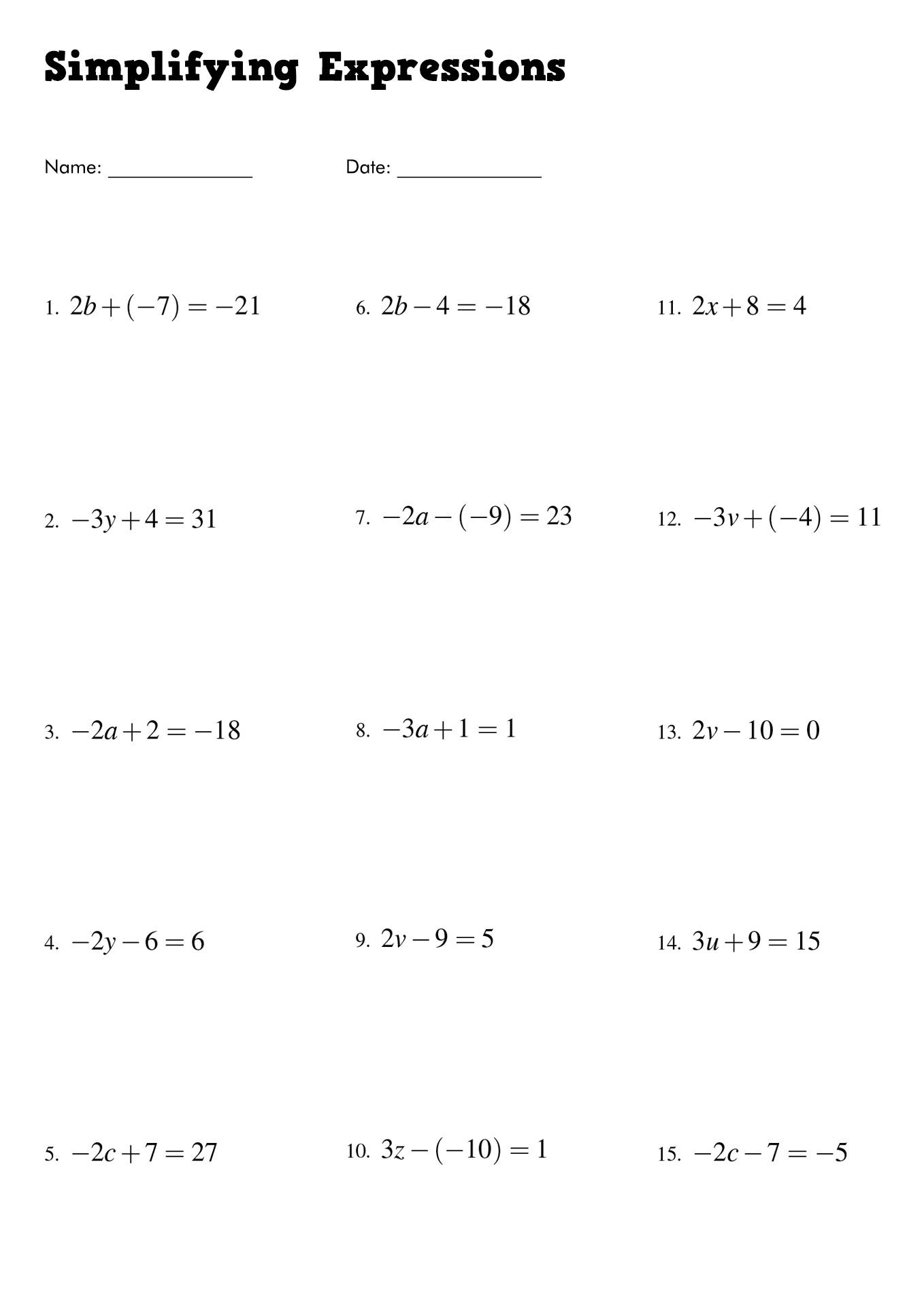 Simplifying Expressions with Variables Worksheets Image