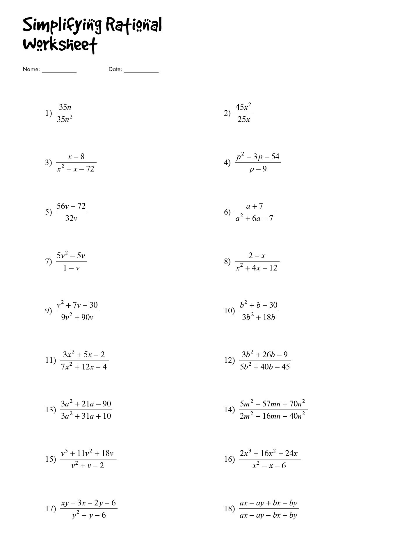 Simplifying Rational Expressions Worksheet Answers Image