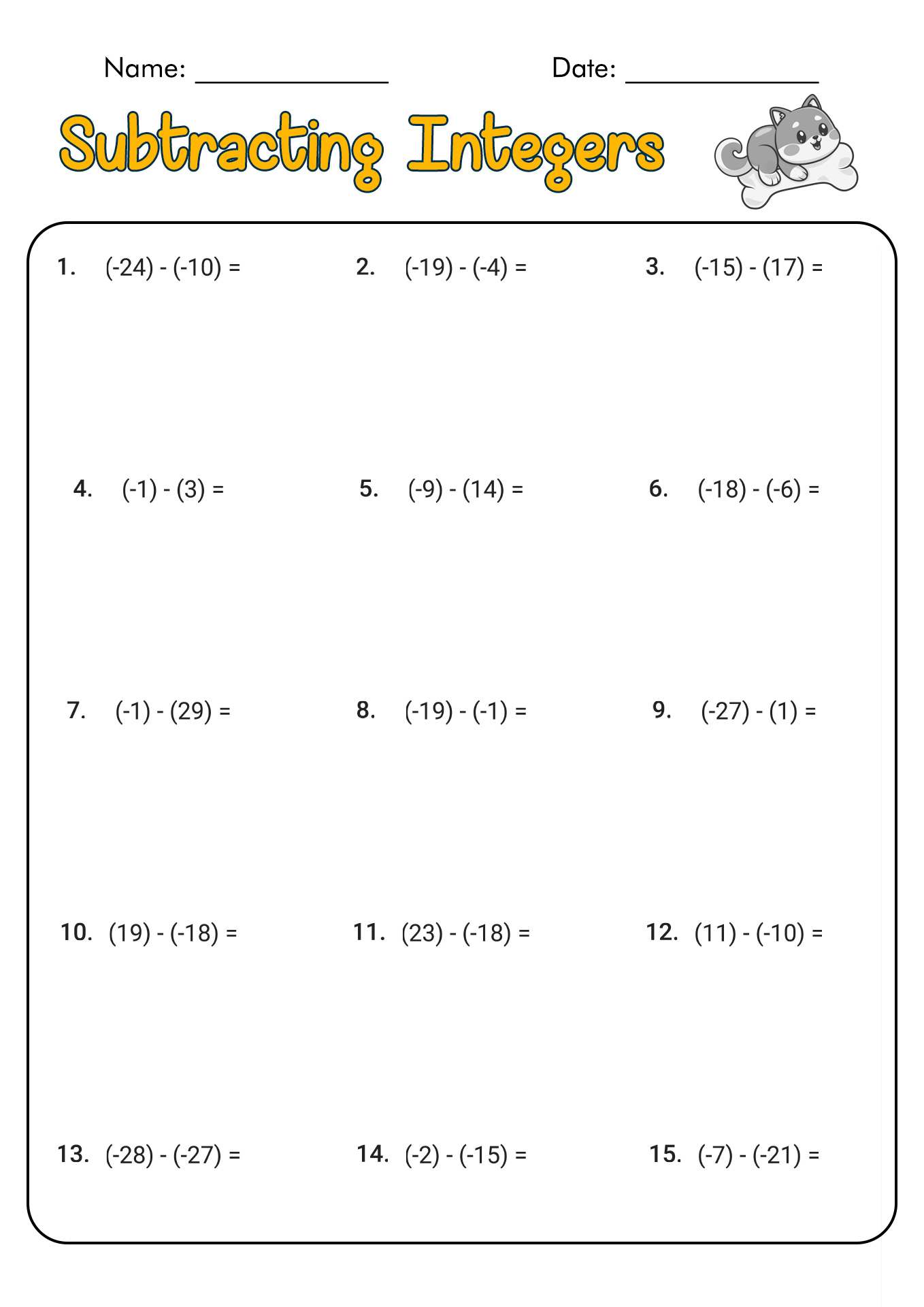 Subtracting Integers 6th Grade Math Worksheets