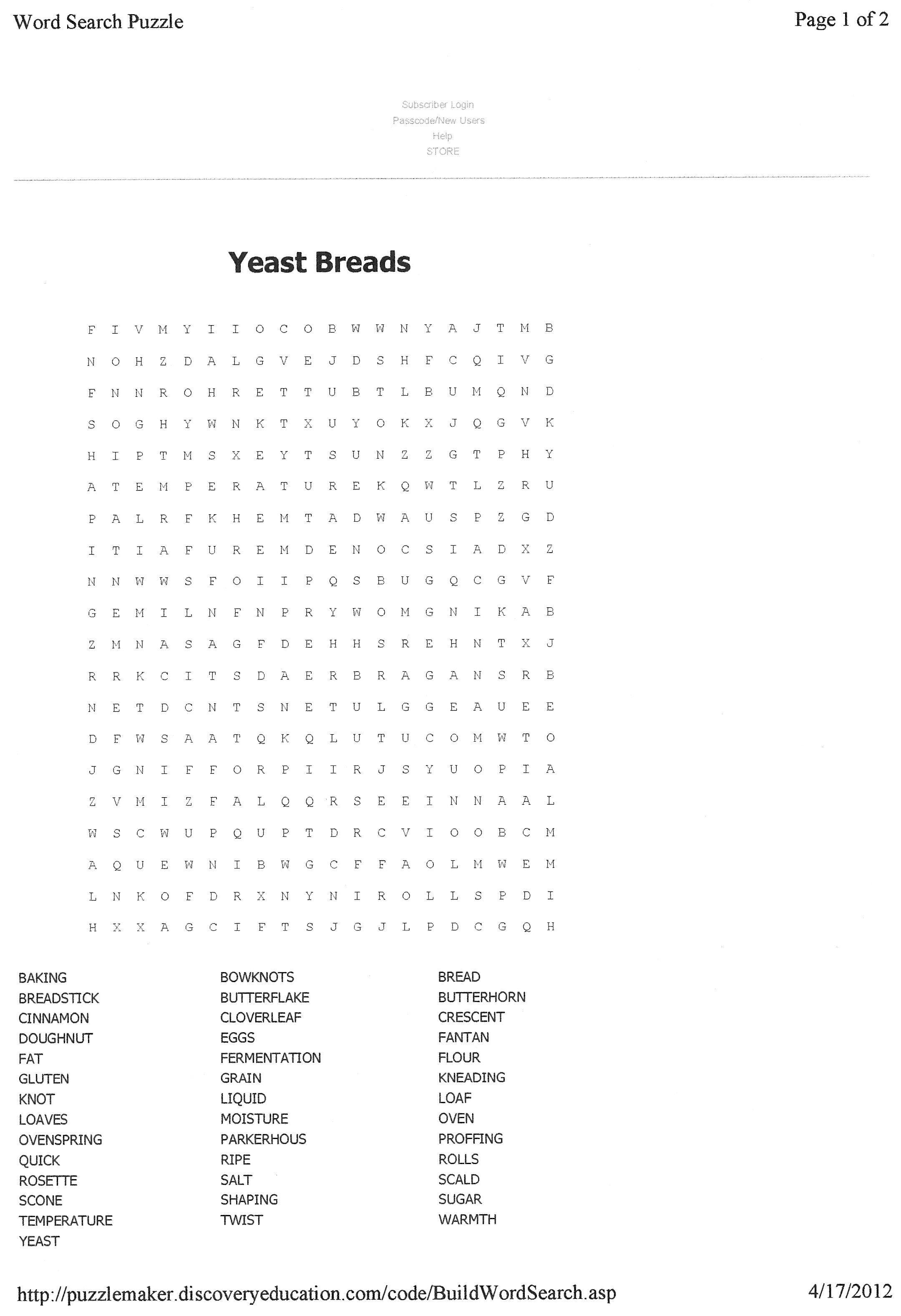 Yeast Bread Word Search Image