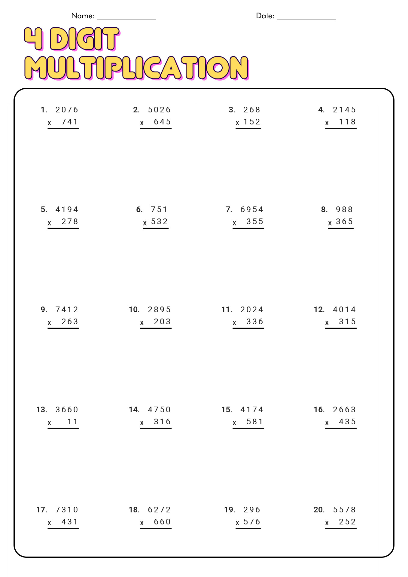 4 Digit Multiplication Worksheets 4th Grade Image