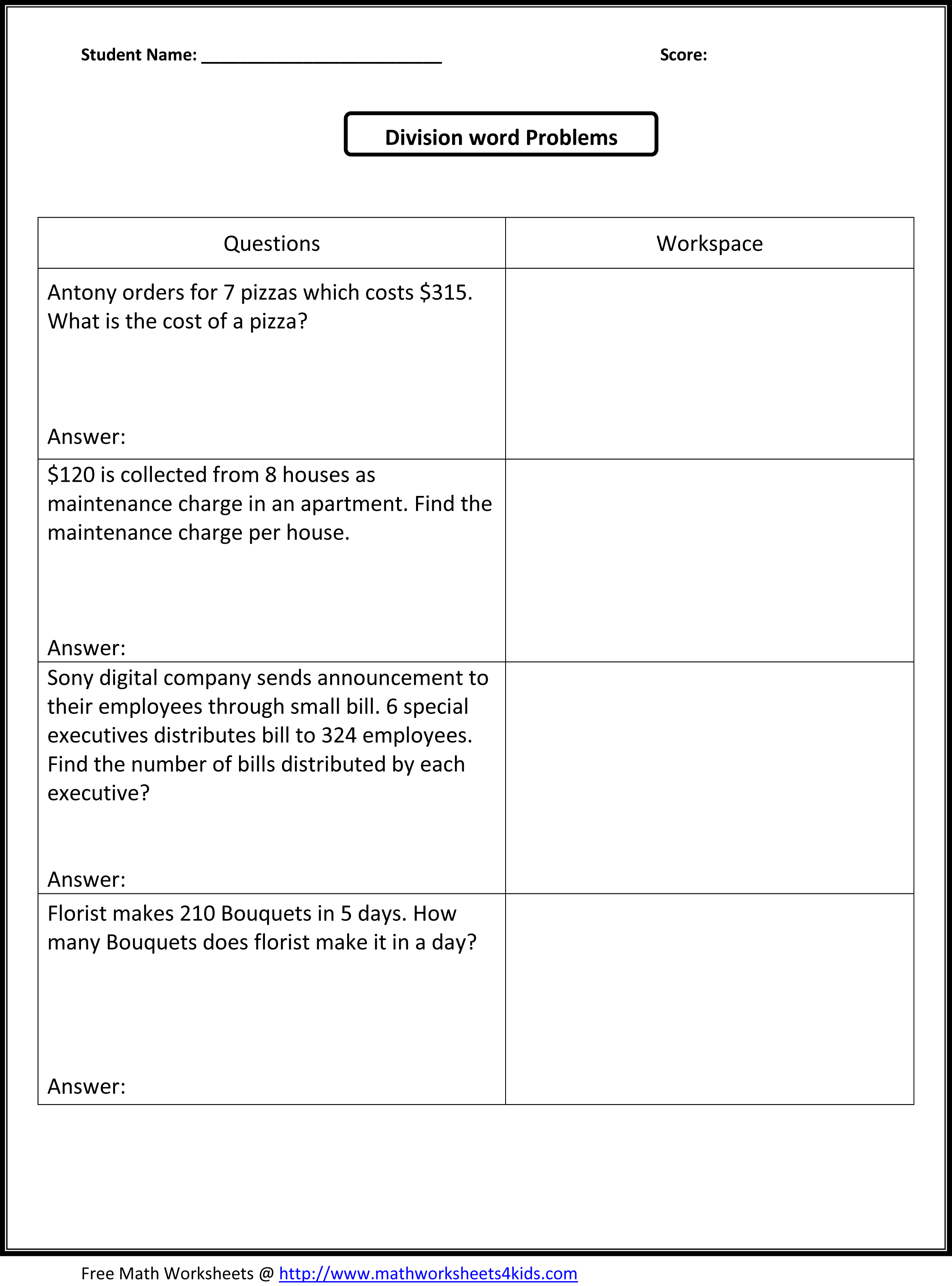 5th Grade Math Division Problems