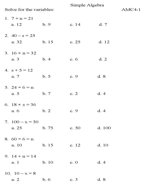 Algebra 1 Math Worksheets Image