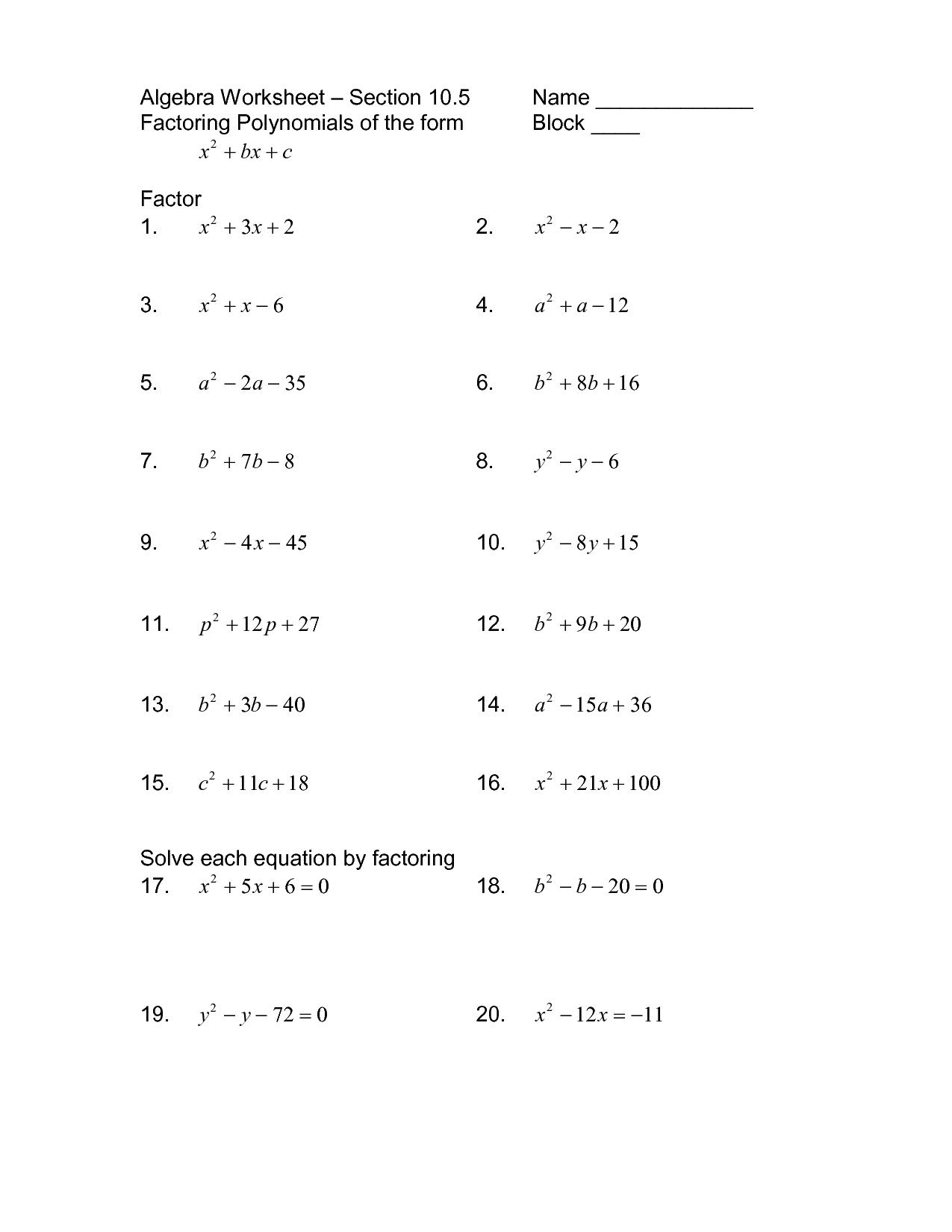 Algebra 2 Factoring Worksheets with Answers Image