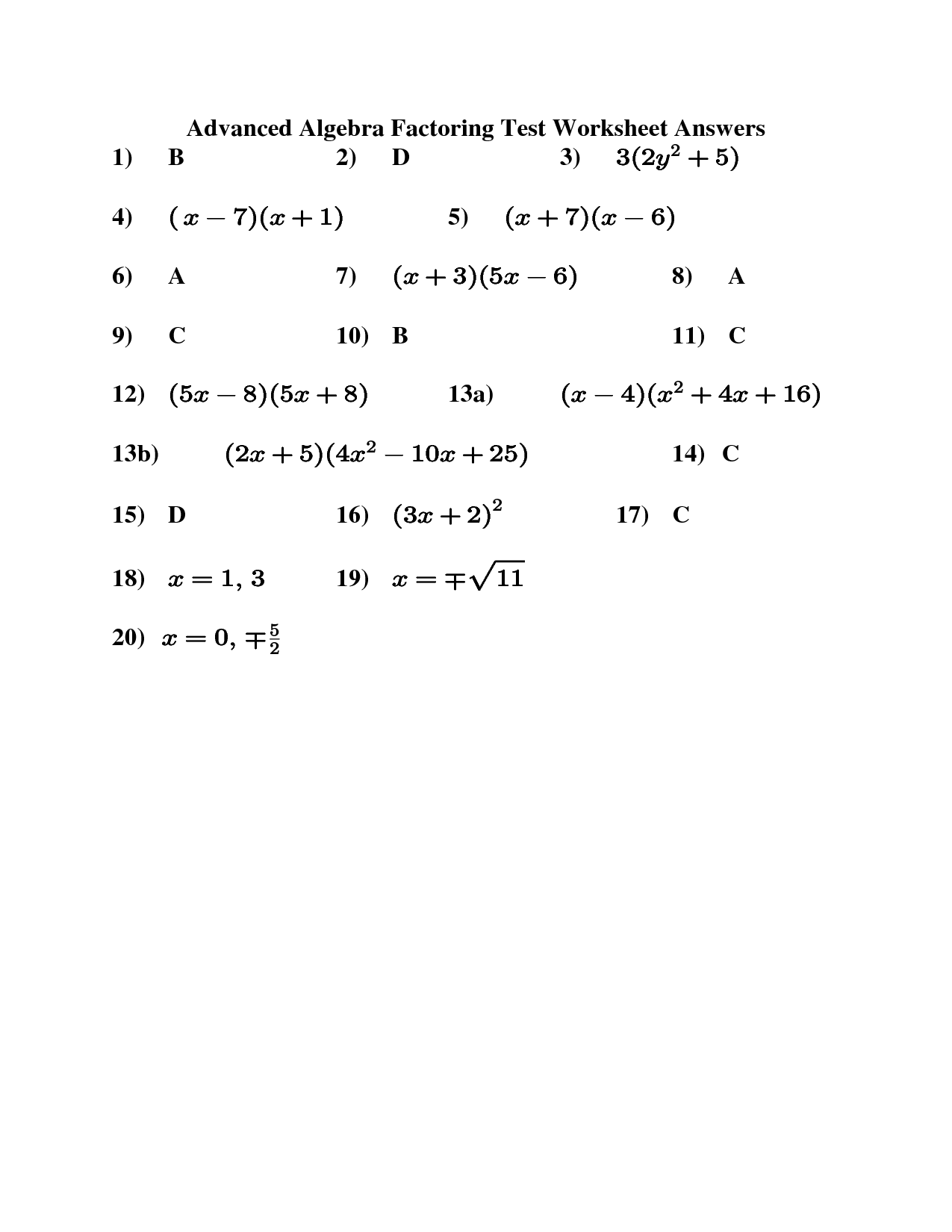 Algebra 2 Worksheets with Answers Image