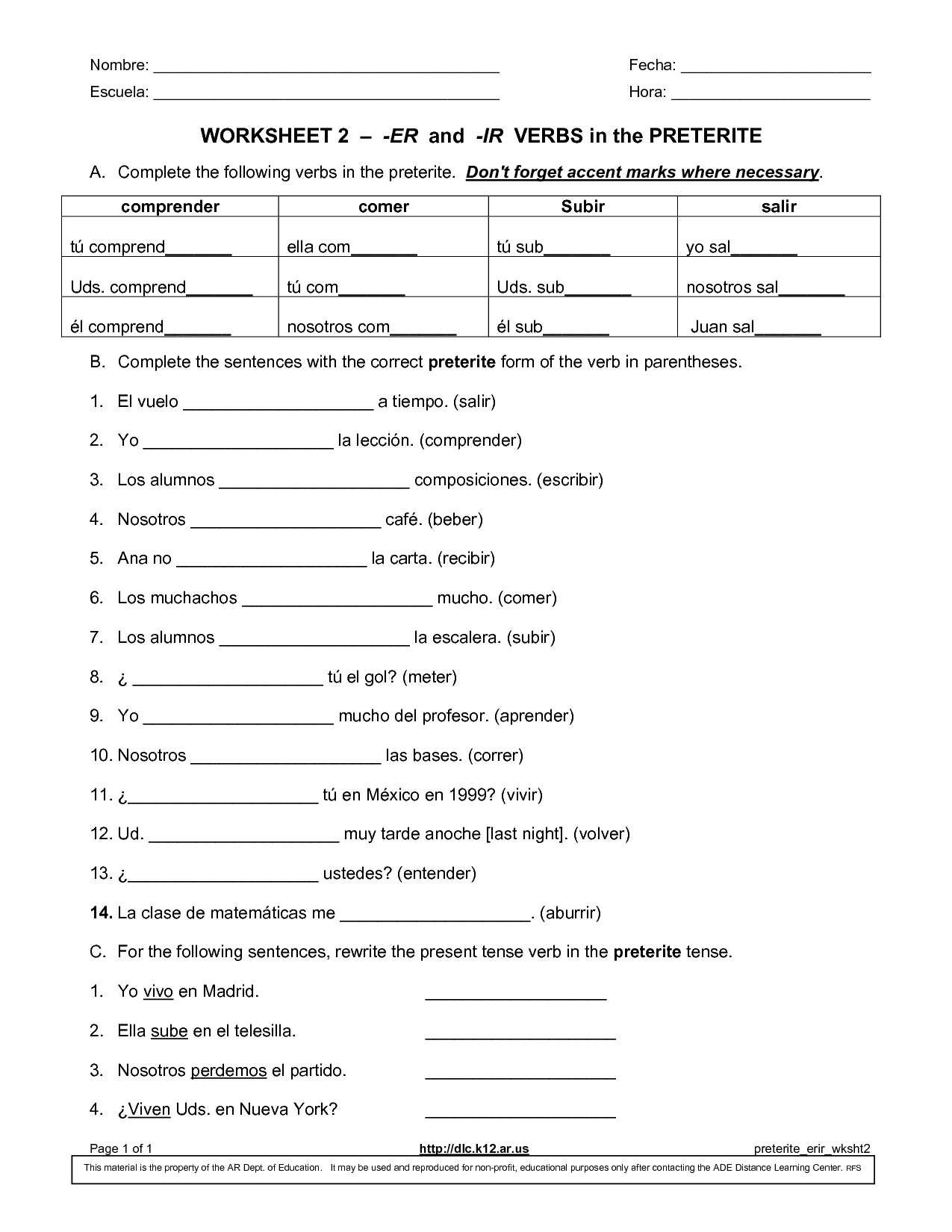 AR ER Ir Verbs Worksheet