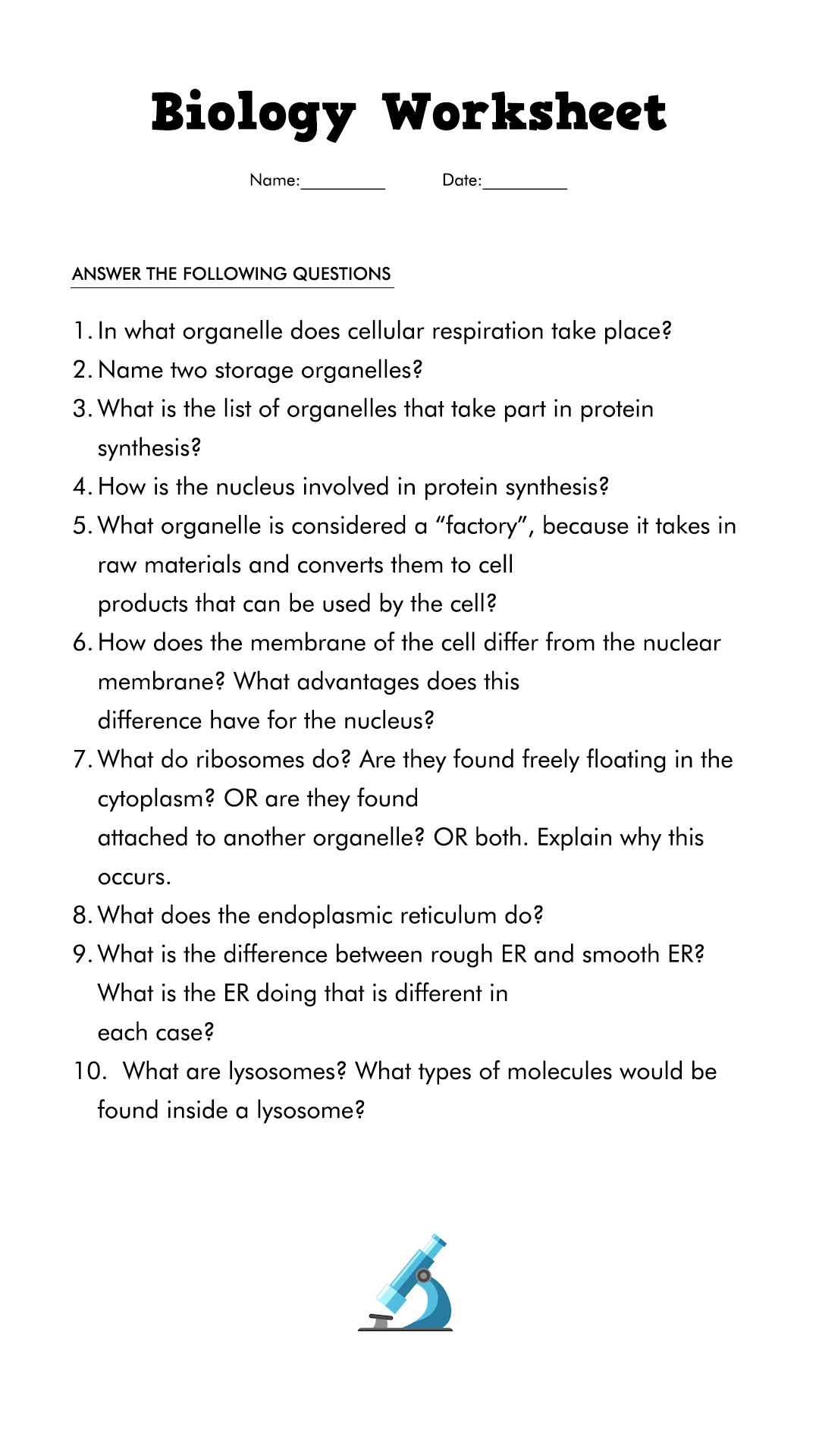 Biology Cell Worksheets