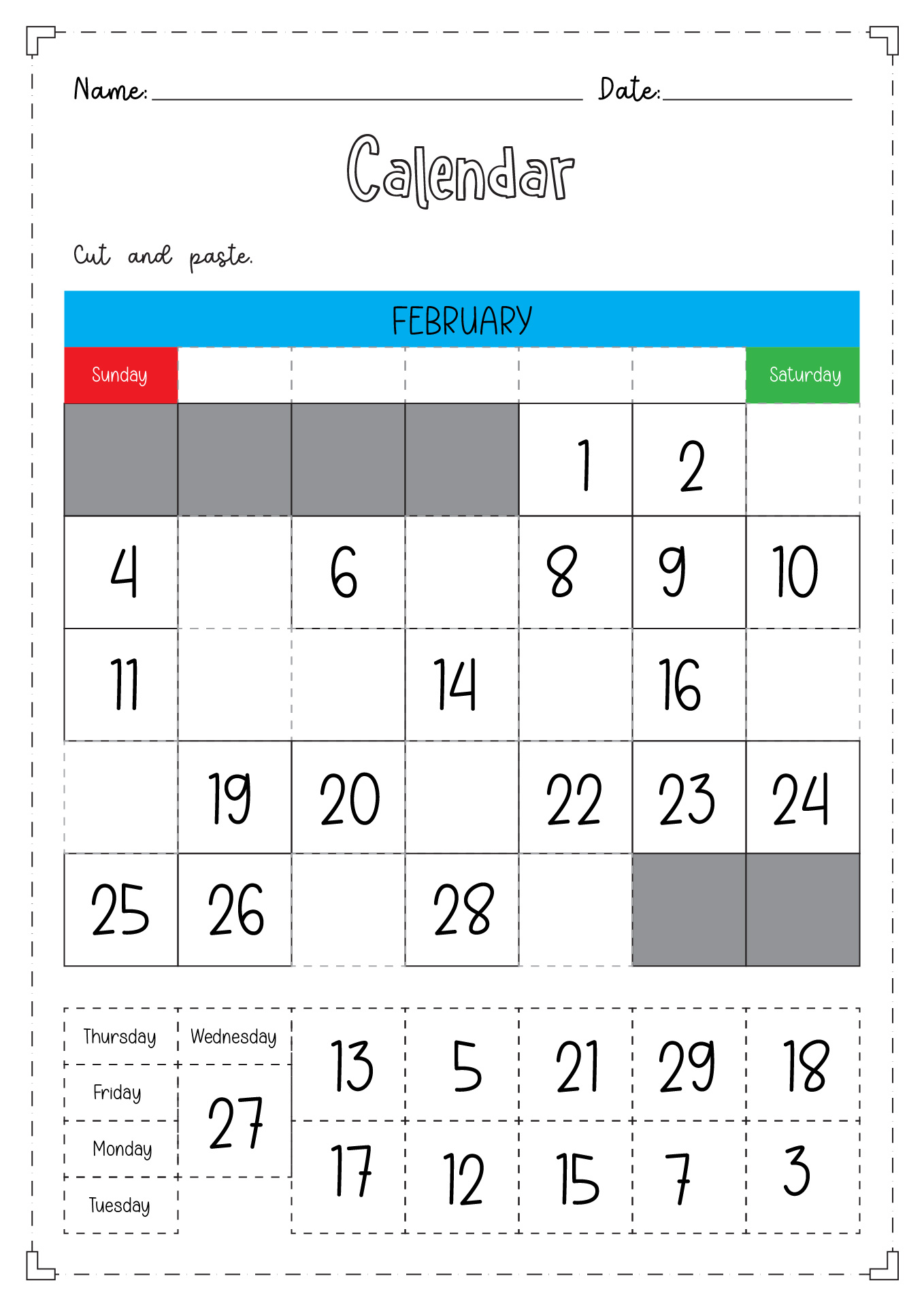 Calendar Cut and Paste Worksheets