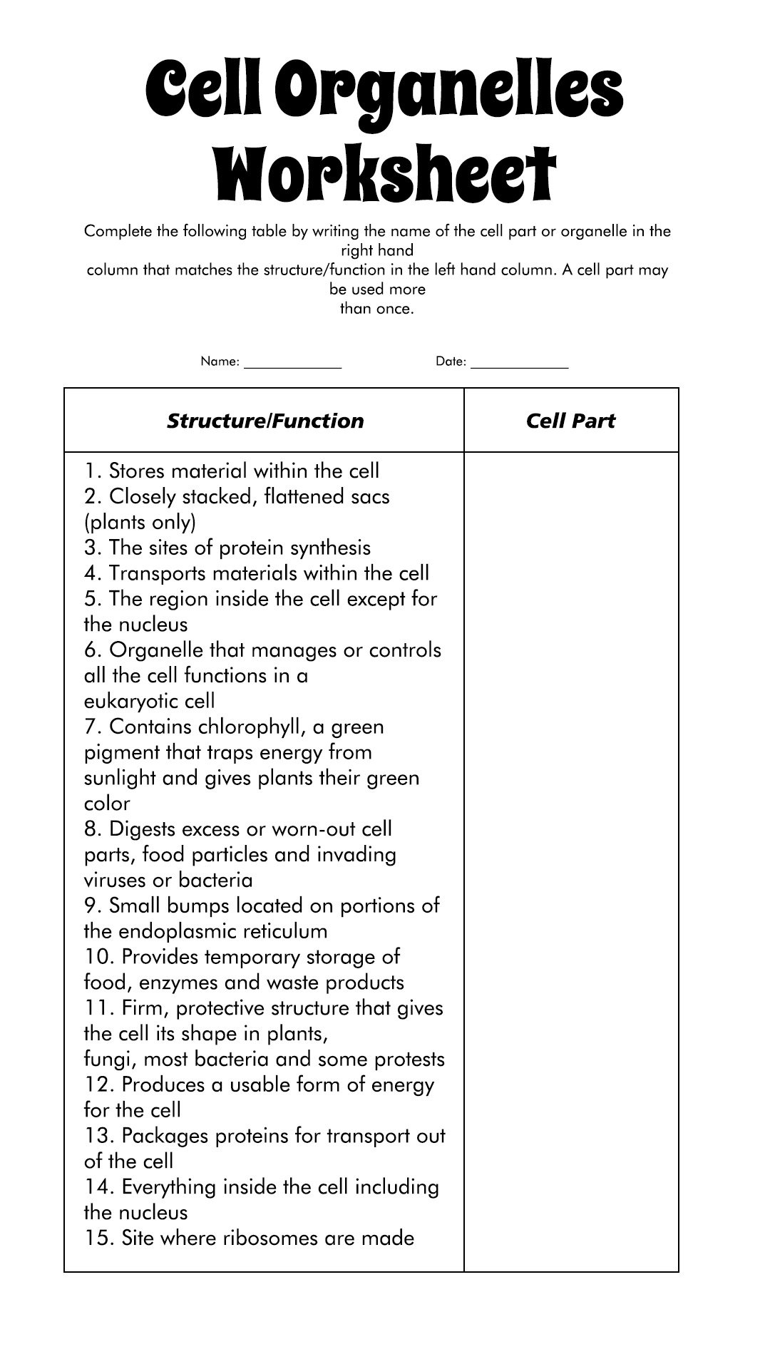 Cell Organelles and Functions Worksheet Image
