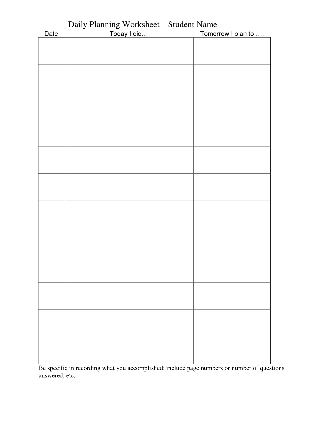 Daily Planning Worksheets Image