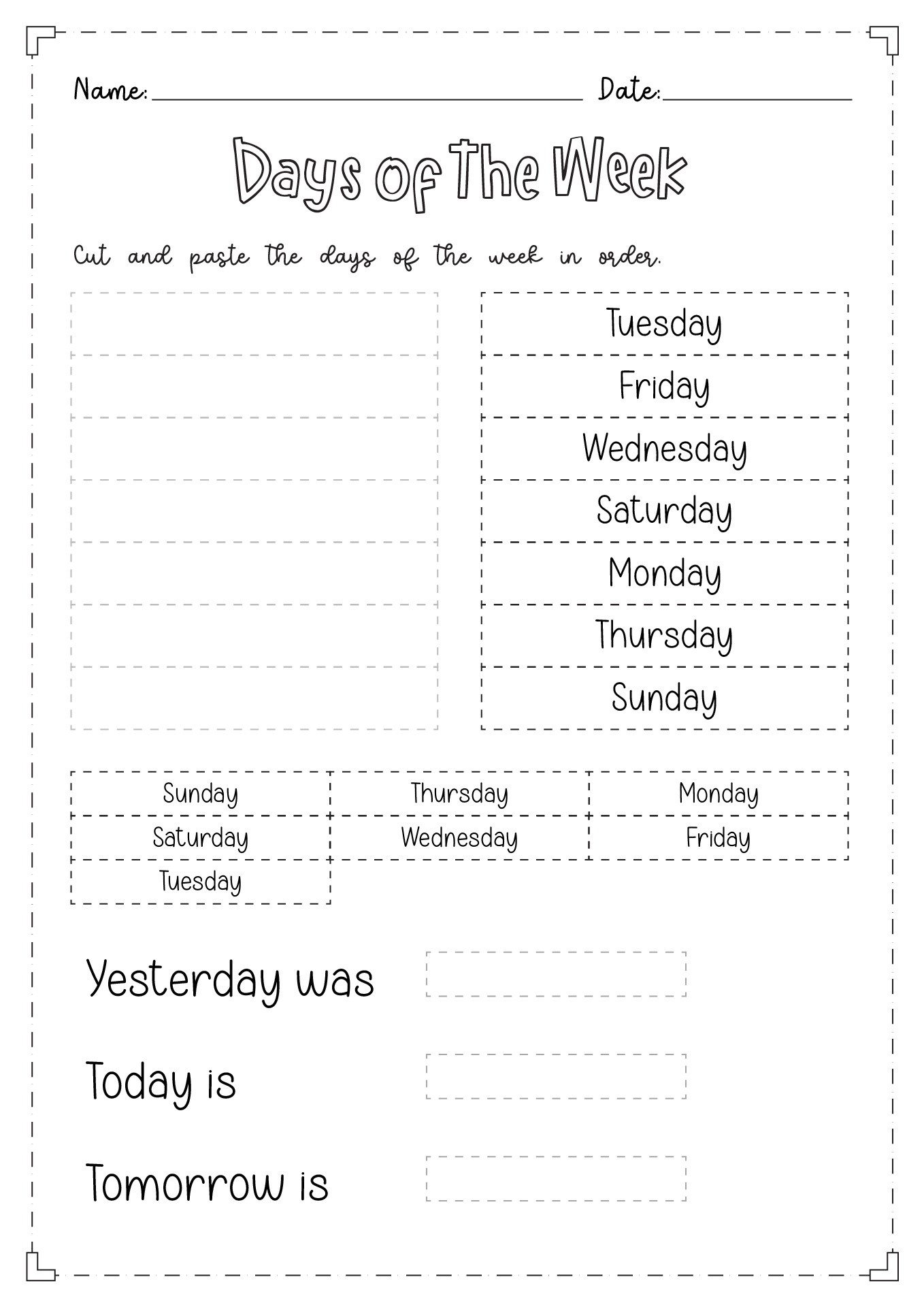 Days of the Week Worksheets Cut and Paste