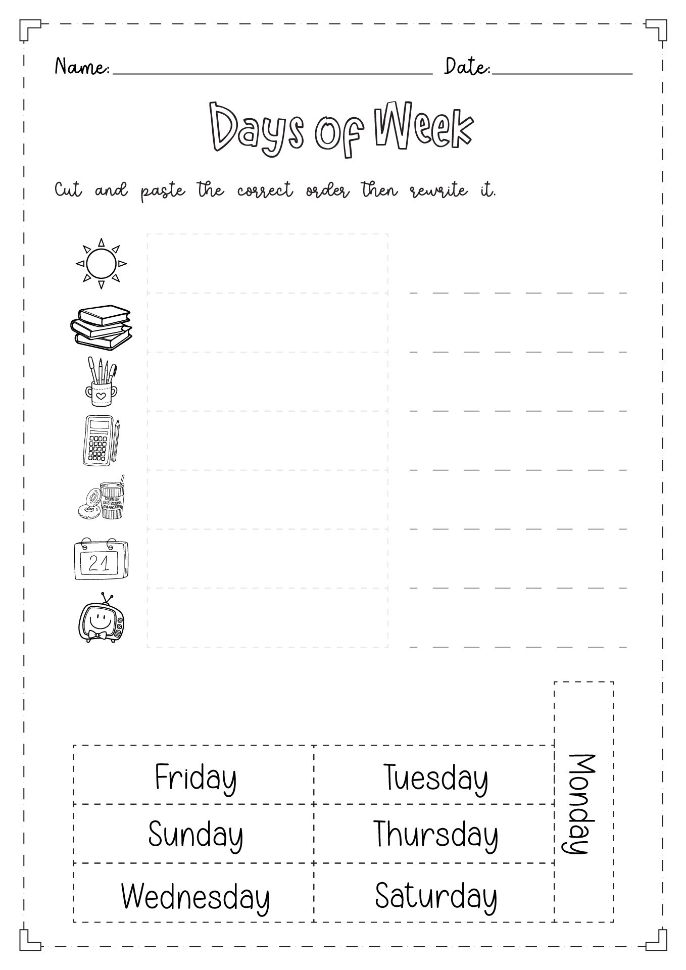 Days of Week Worksheets Cut and Paste Image