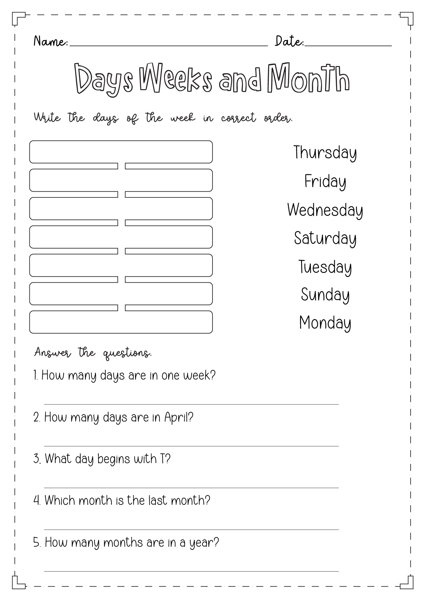 Days Weeks and Month Worksheets