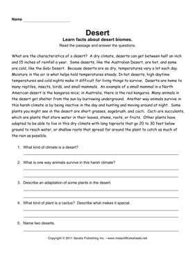 Desert Reading Comprehension Worksheets
