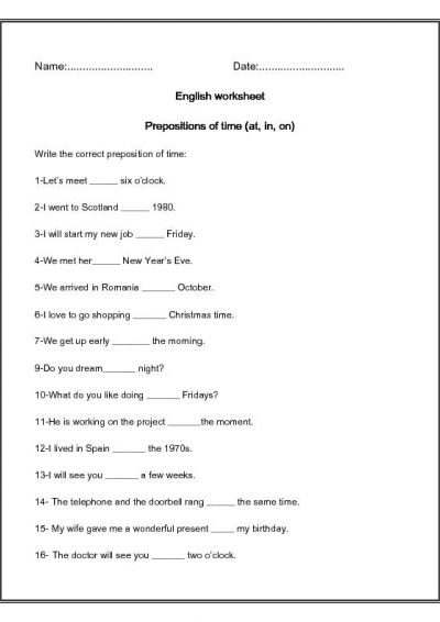 ESL Prepositions Worksheet Image