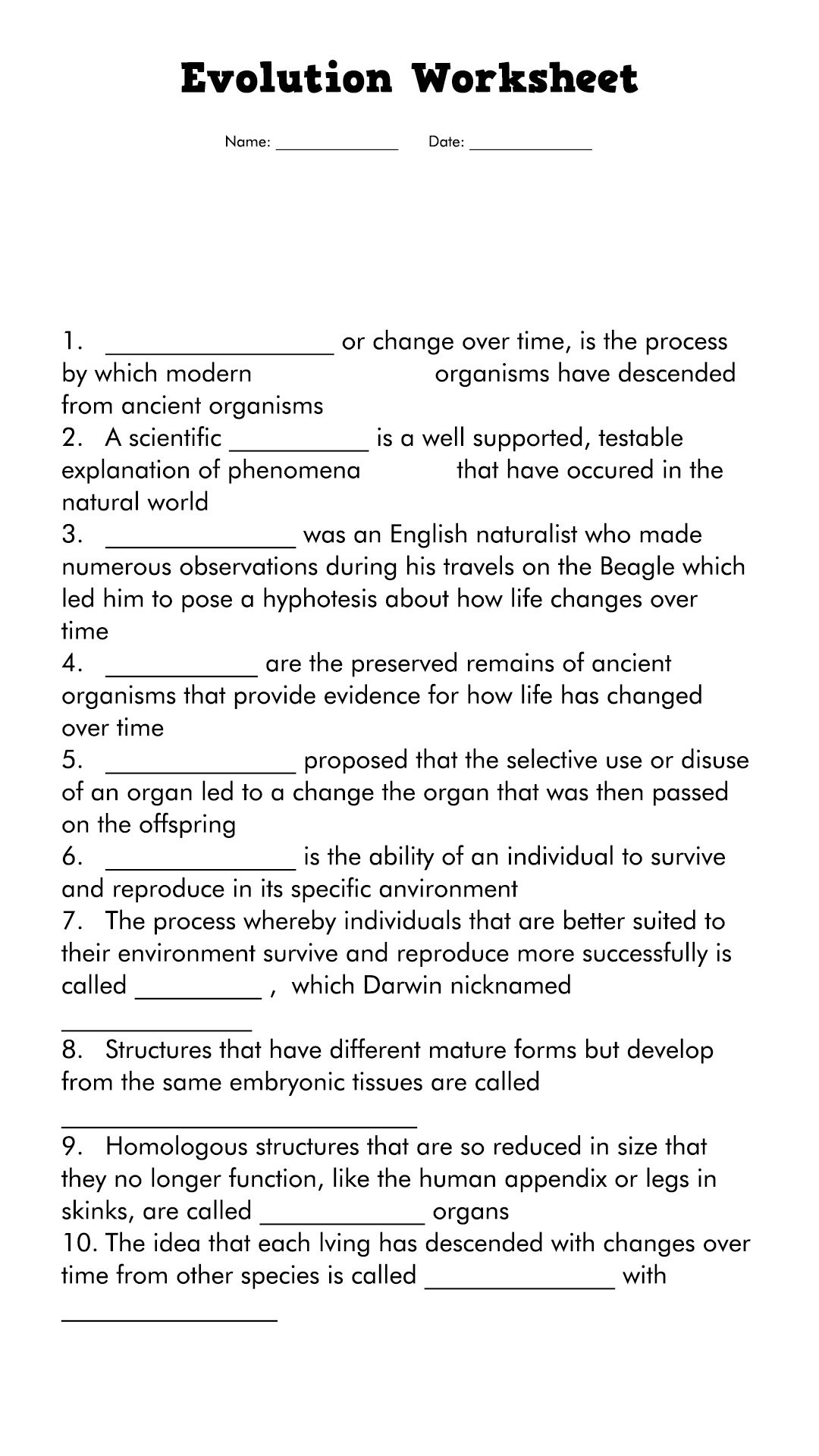 Evolution Worksheet Answers Biology Image