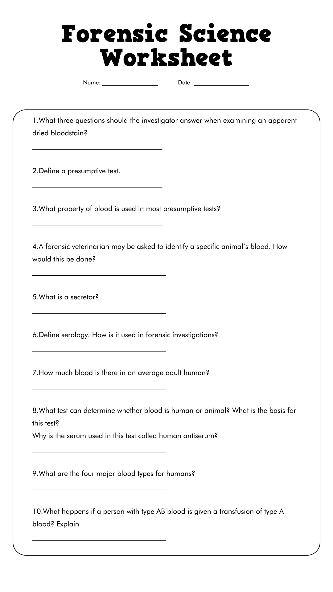 Forensic Science Worksheet Answers