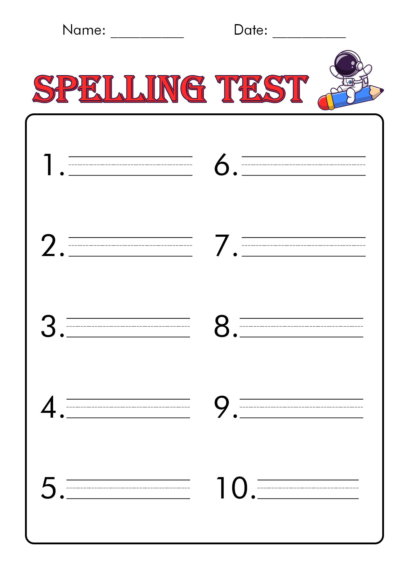 Free Printable Spelling Test Paper Image