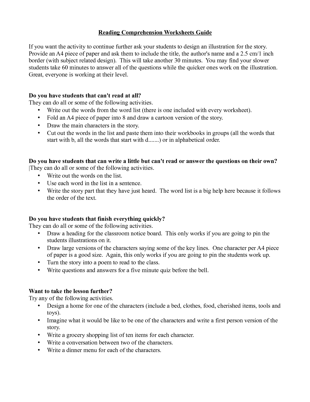 Free Reading Comprehension Worksheets