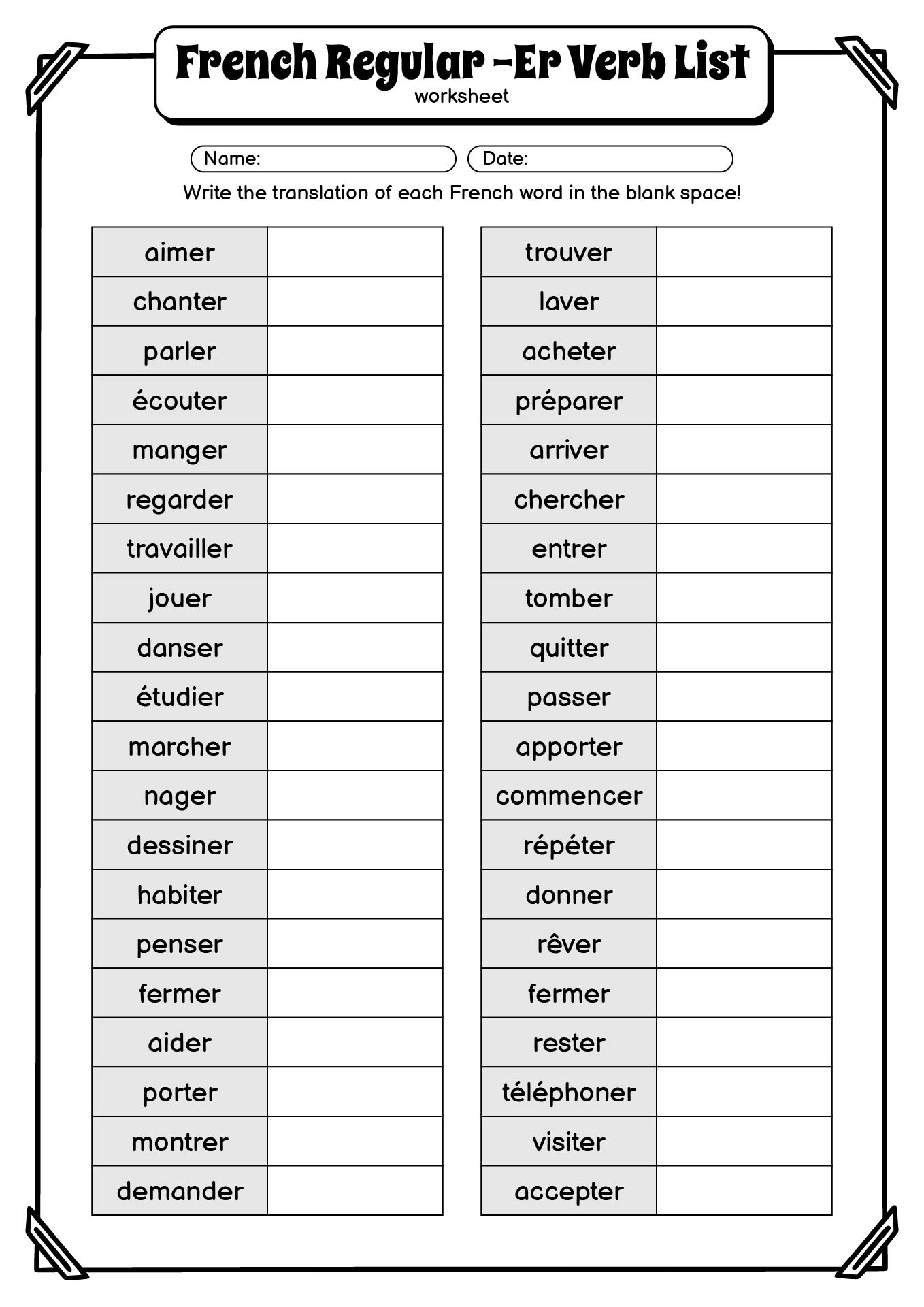 French Regular Er Verbs Worksheet