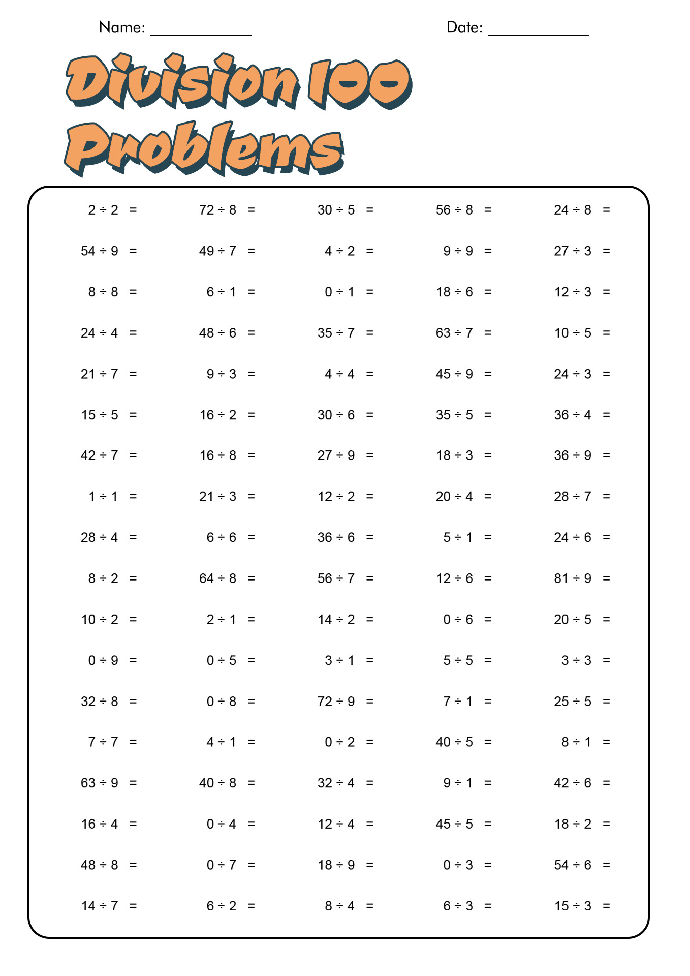 Math Division Worksheets 100 Problems Image