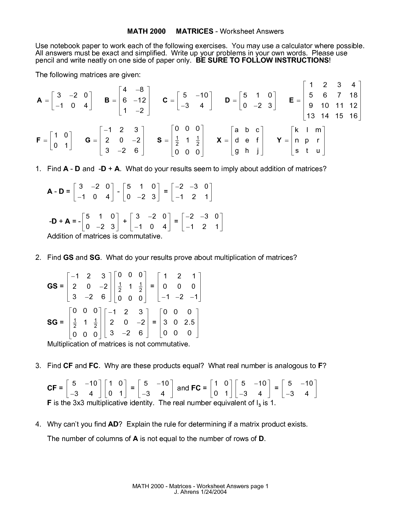Matrix Worksheet With Answers Pdf