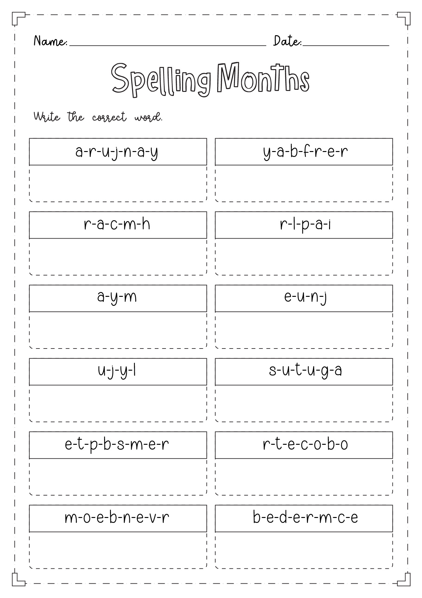 Months of the Year Spelling Worksheet