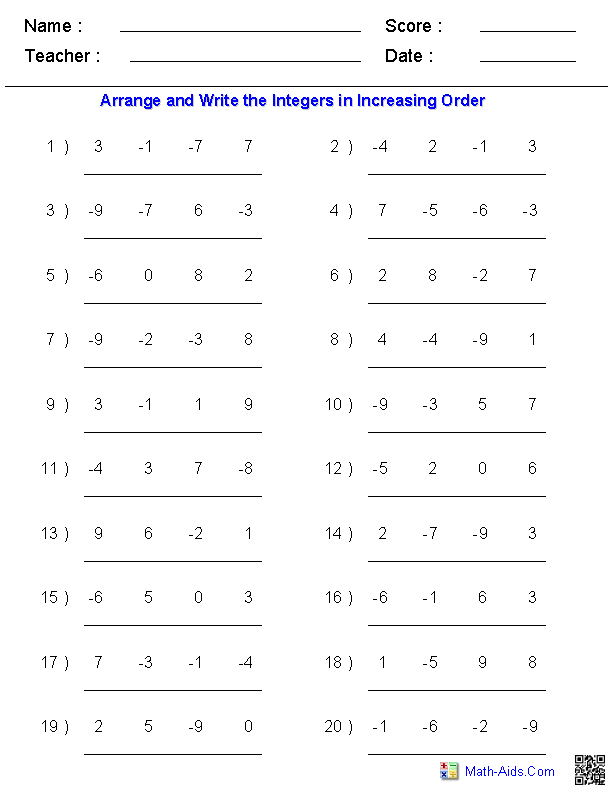 Ordering Rational Numbers Worksheet Grade 7