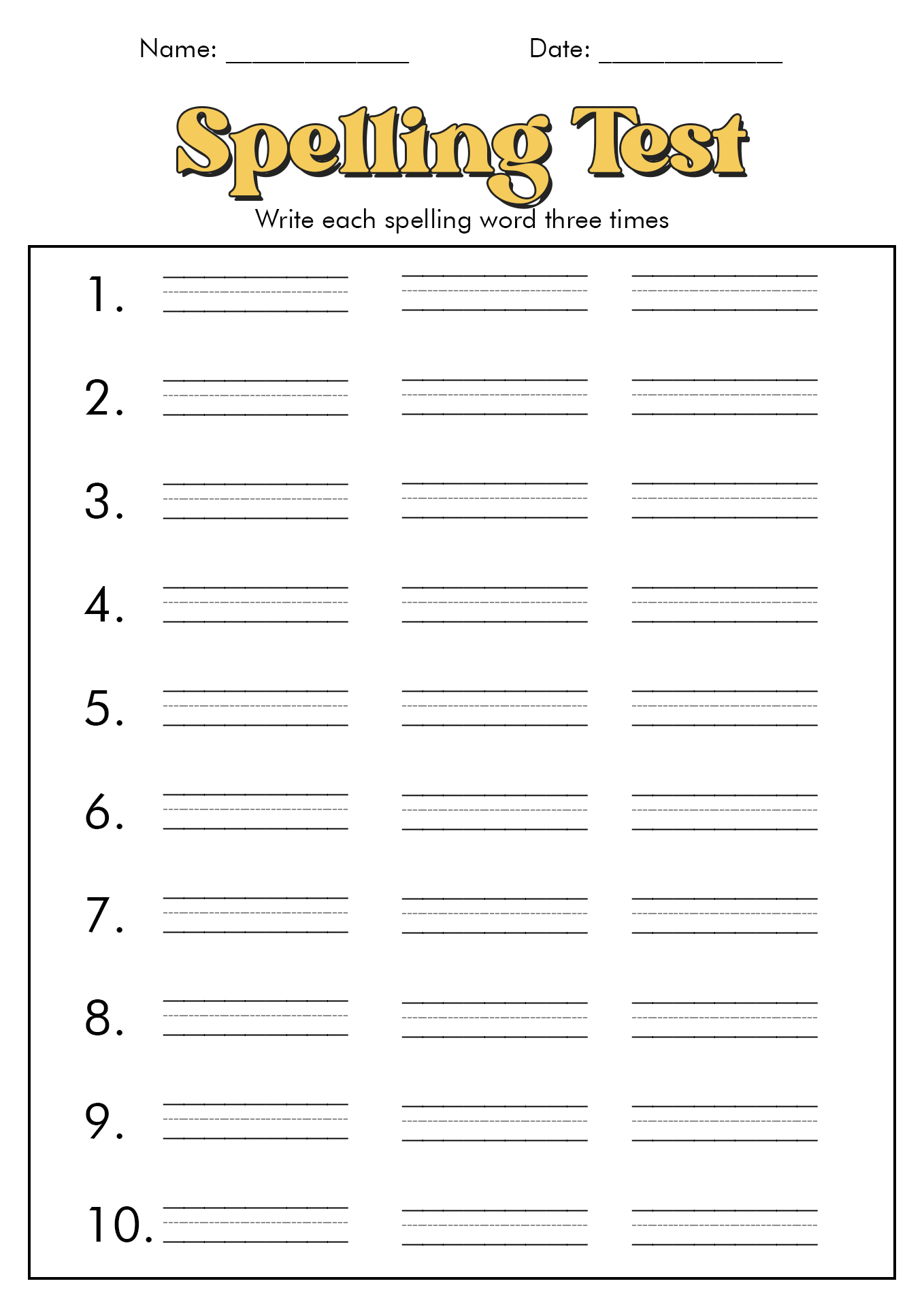 Printable Blank Spelling Test Worksheets Image