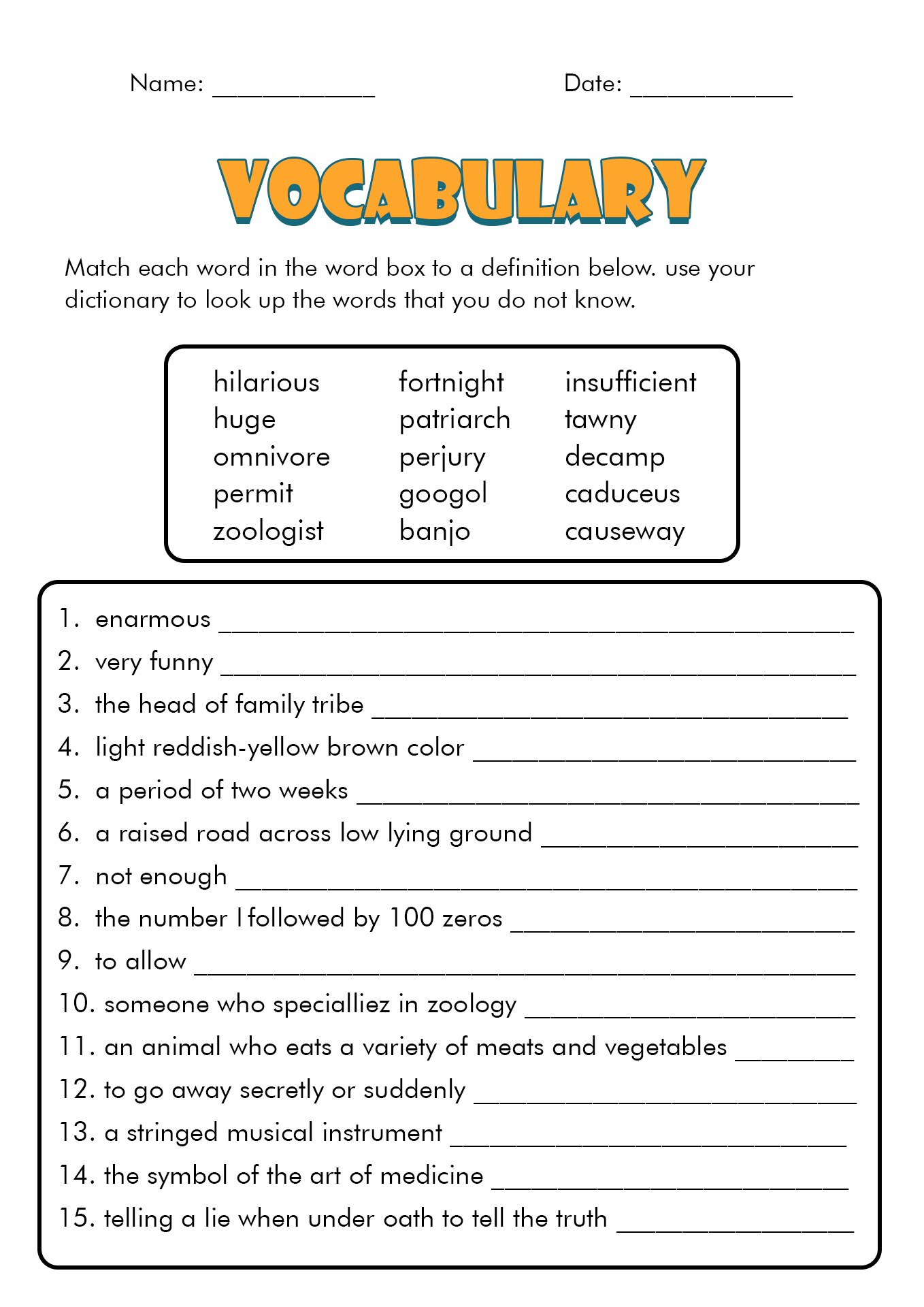 Printable Vocabulary Test Template Image