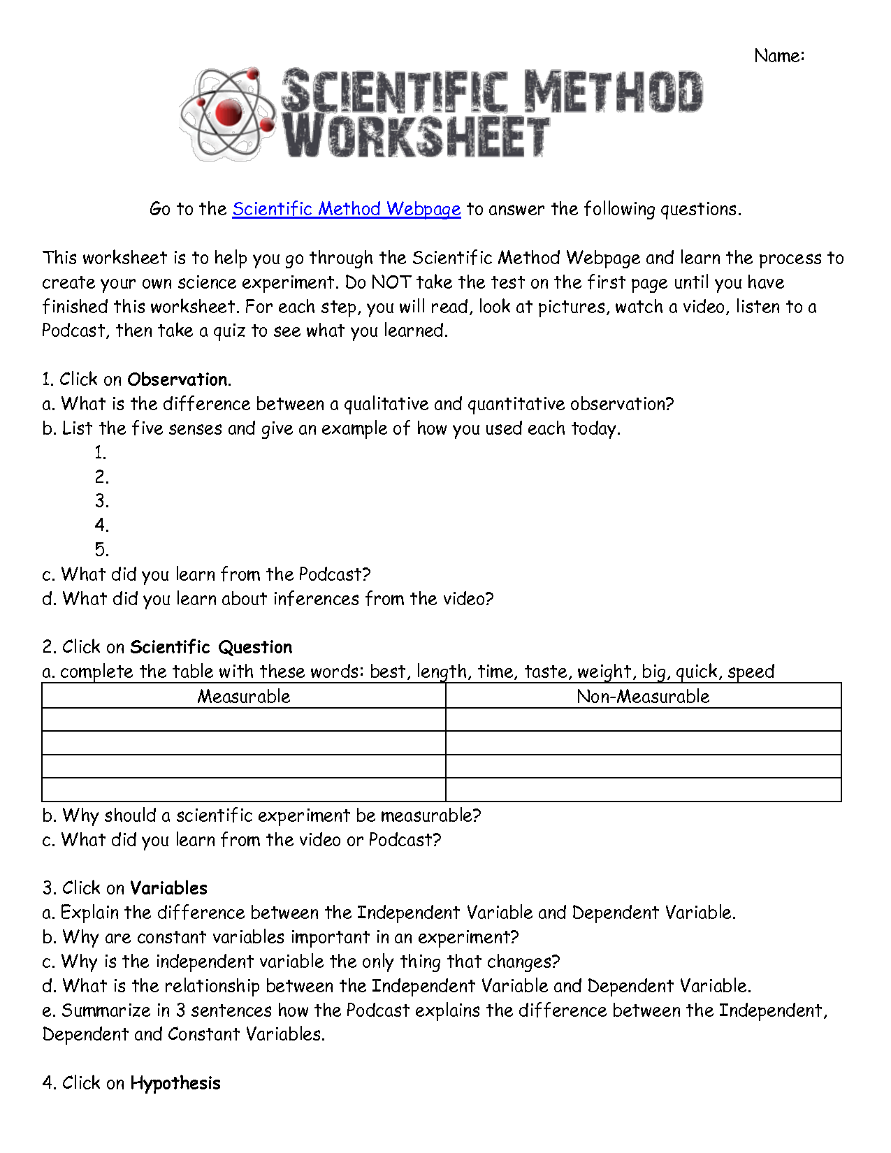 Scientific Method Worksheet Image