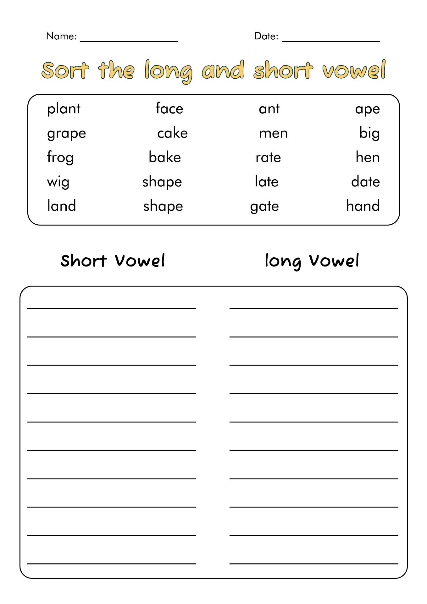 Short Long Vowel Worksheets 2nd Grade
