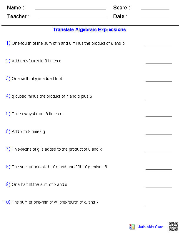 Translating Algebraic Expressions Worksheets Image
