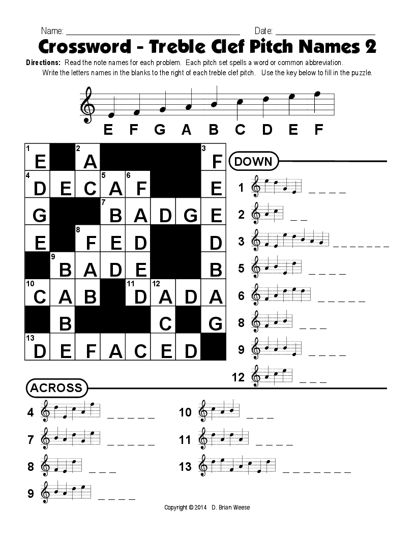 Treble Clef Crossword Puzzle Image
