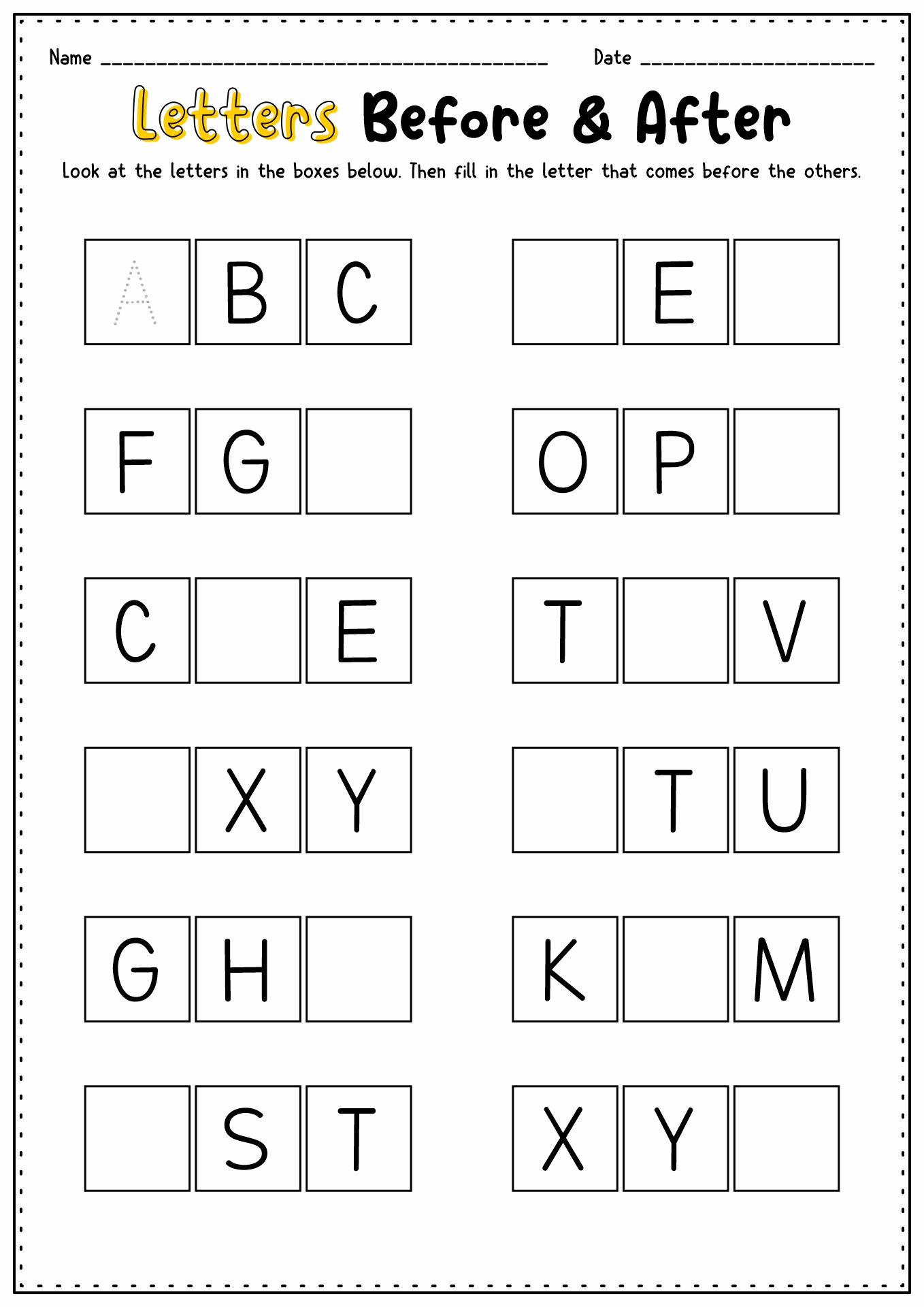 Alphabet Worksheets Before and After