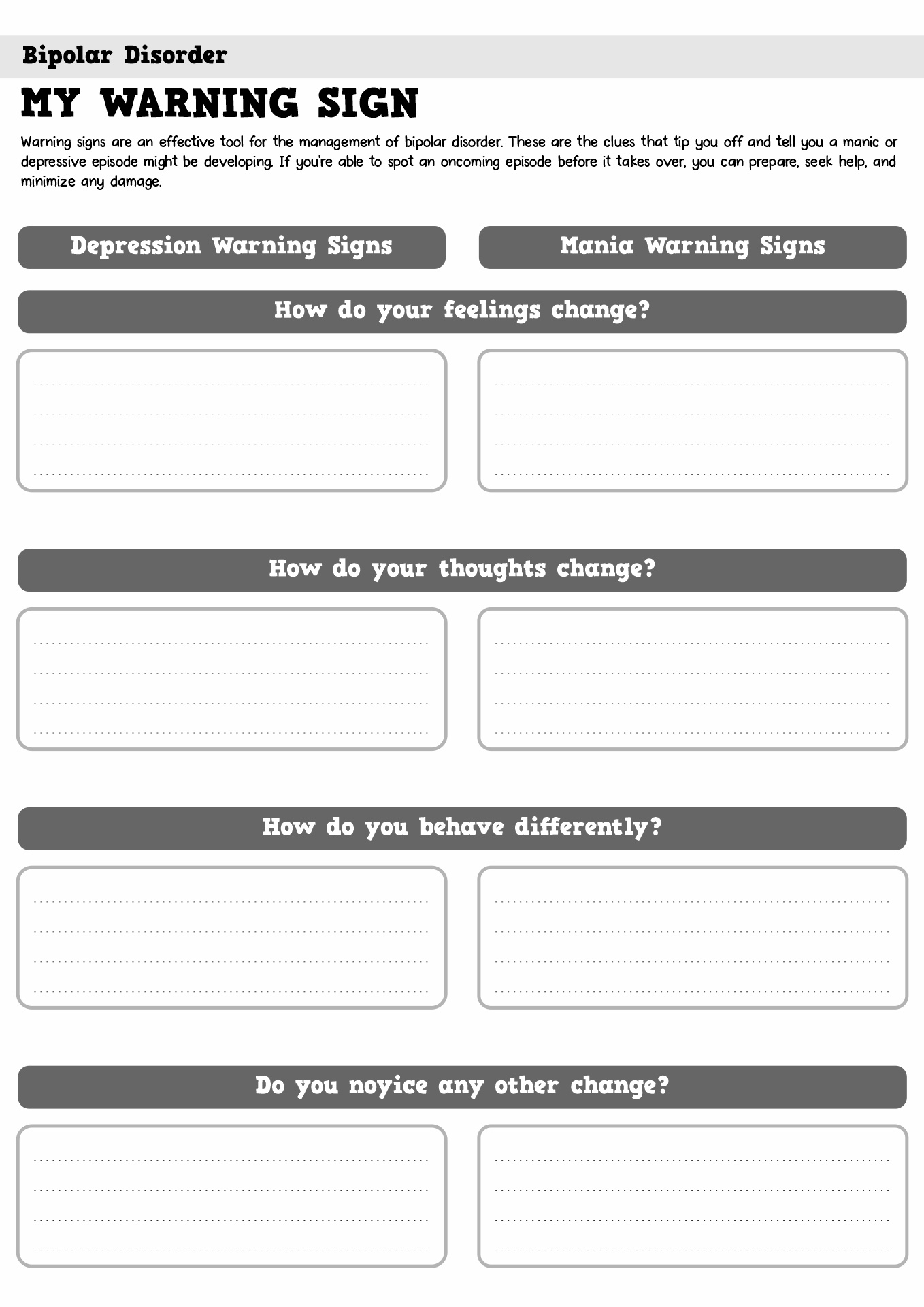 Bipolar Disorder Worksheets