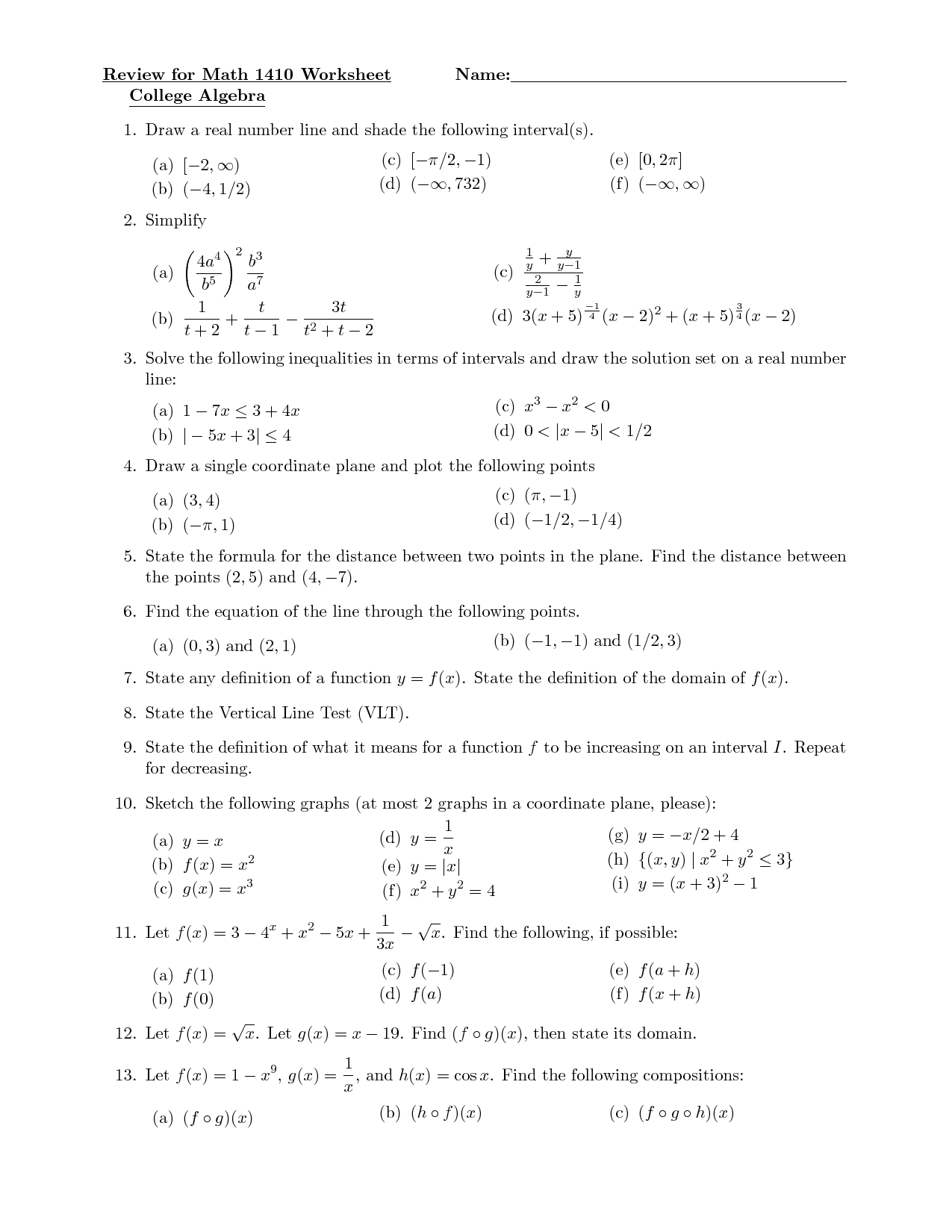 College Algebra Math Worksheets Image