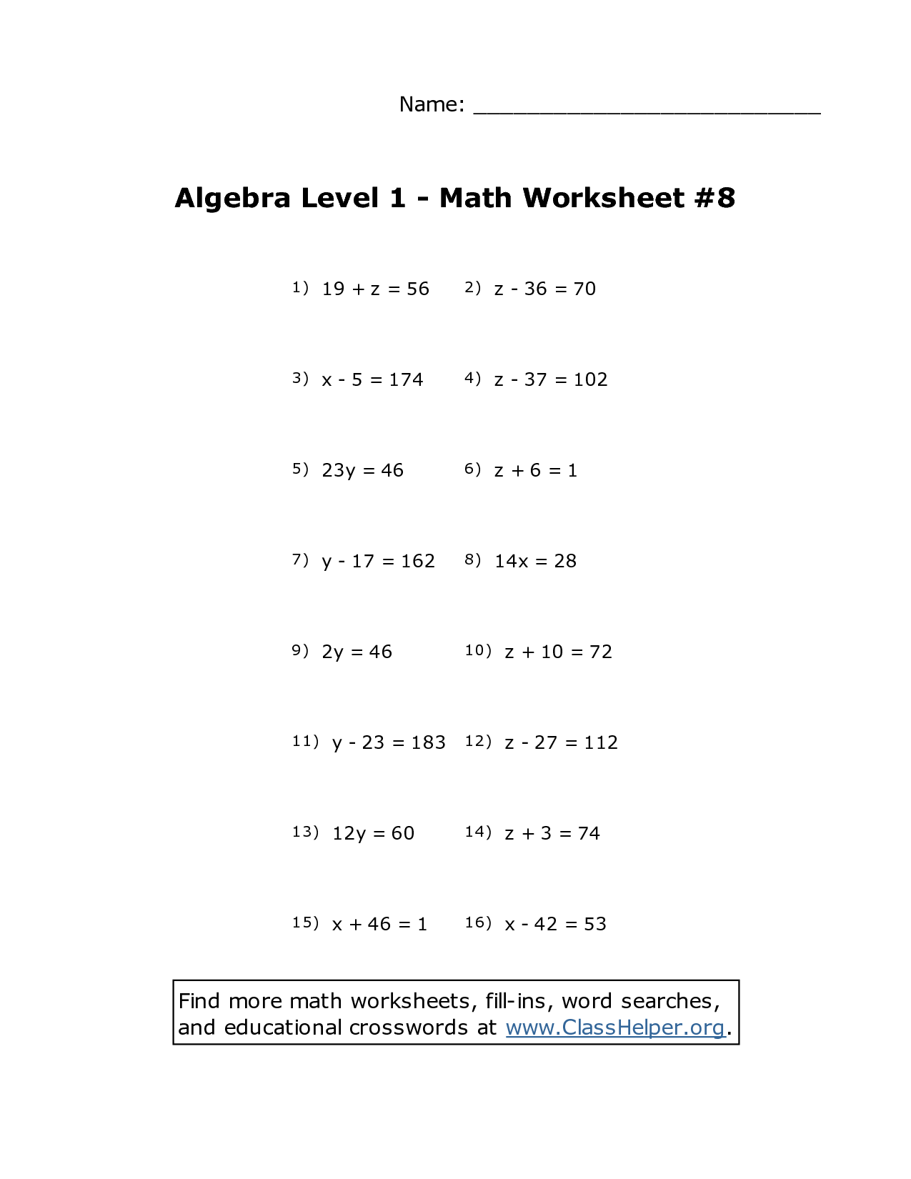 College Algebra Math Worksheets Image