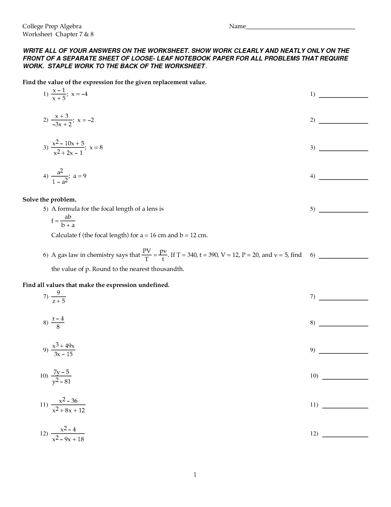 College Algebra Worksheets with Answers Image
