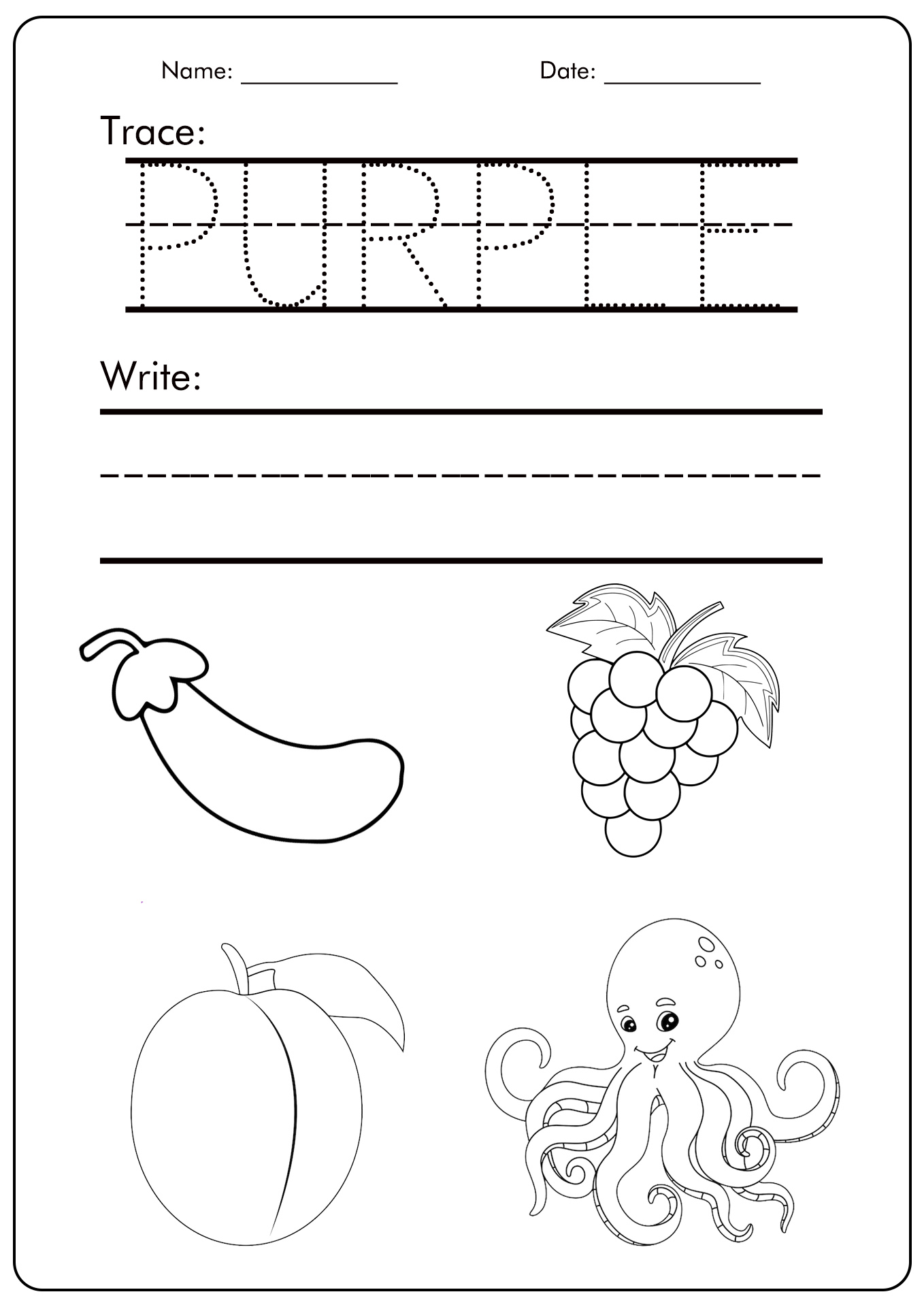 Color Purple Preschool Printable Worksheet