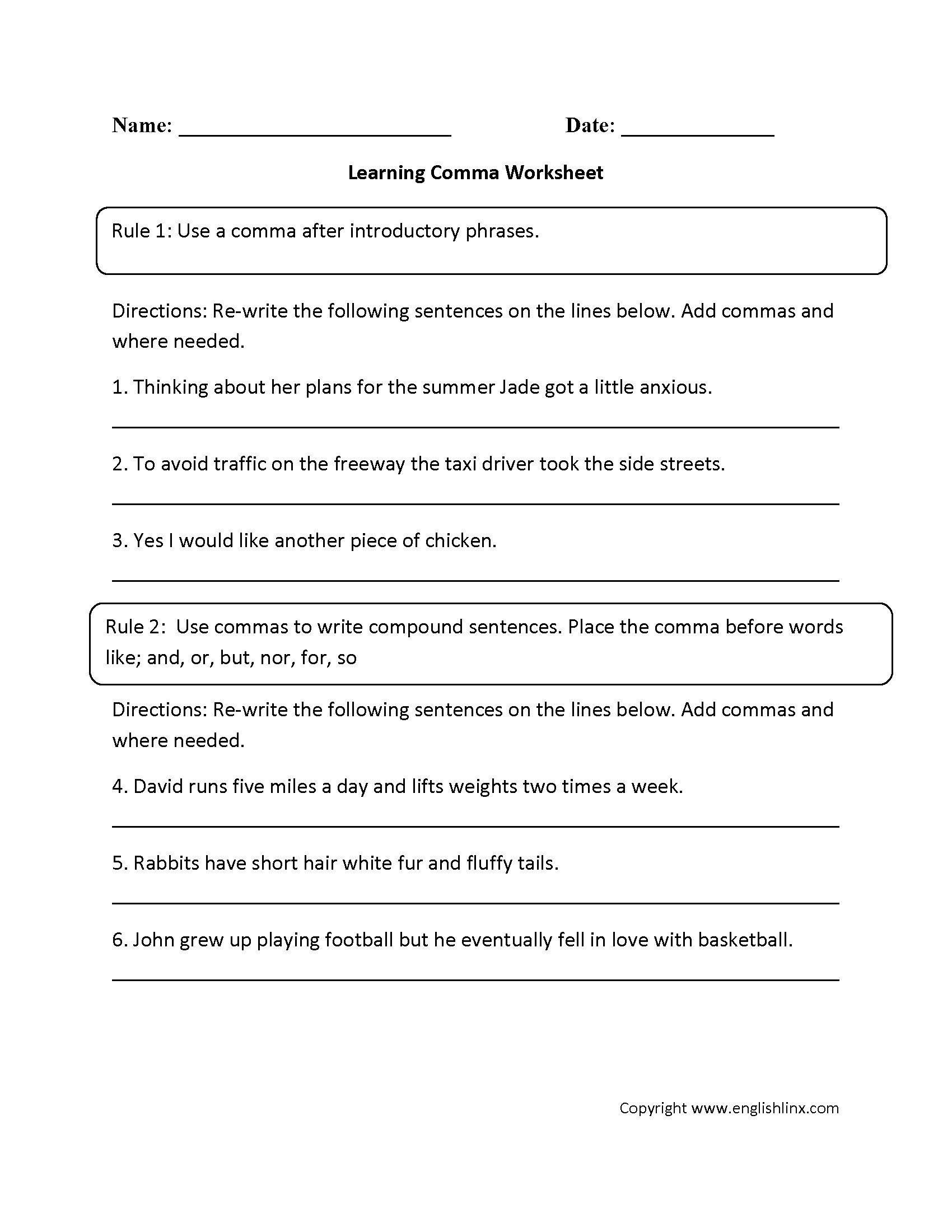 Com Mas with Introductory Words Worksheets Image