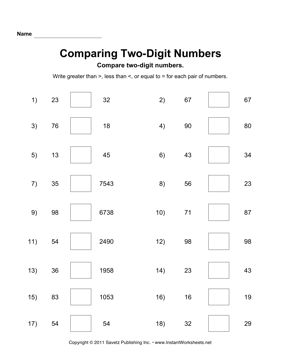 Comparing Two-Digit Numbers Worksheet Image