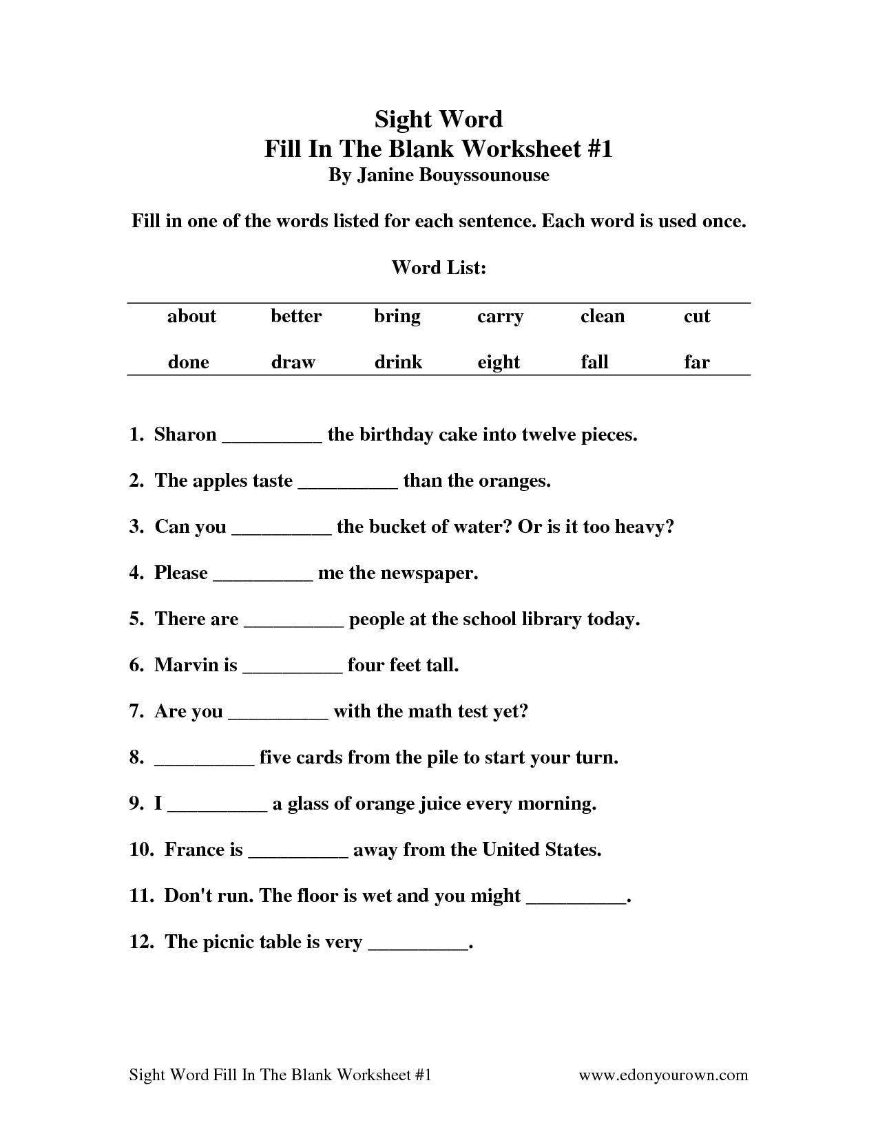 Kindergarten Sentence Worksheets Fill in the Blank