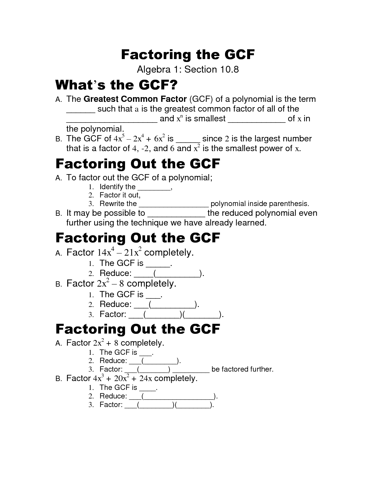 Greatest Common Factor Factoring Polynomials Worksheets Image
