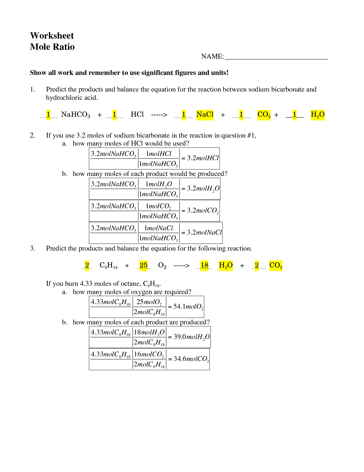 Mole Ratio Worksheet Answer Key Image