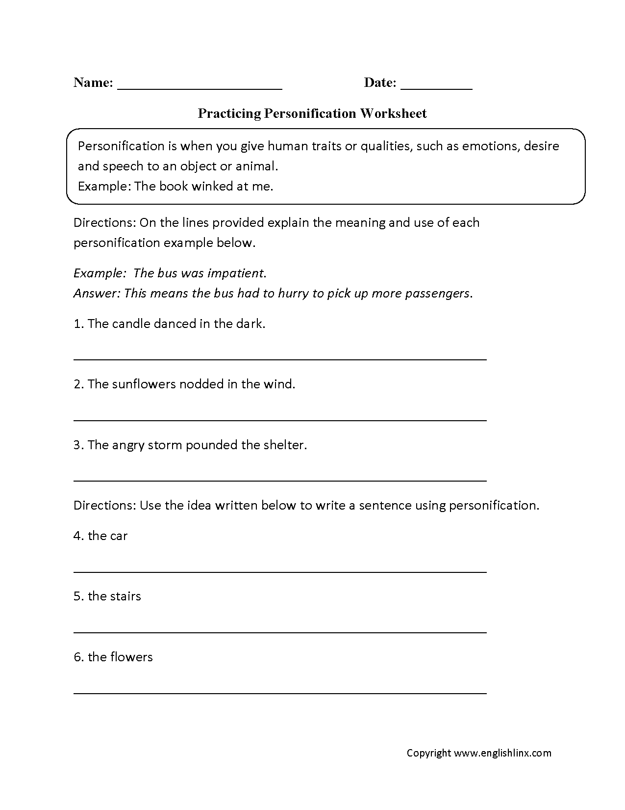 Personification 5th Grade Worksheets Image